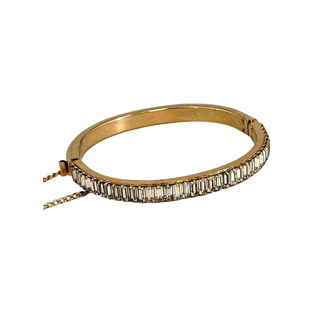 Vintage 1960s Clamper Bracelet Clear Crystal Baguettes Gold Tone - 15E